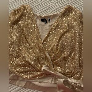 Gold Shimmering sequin satin bow top faux wrap top Lulus